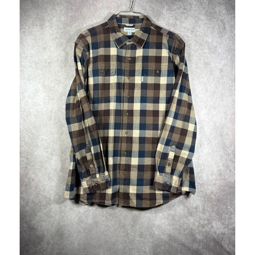 Carhartt Shirt Mens 2XL Tall Brown Plaid Original Fit Flannel Button Up Outdoor